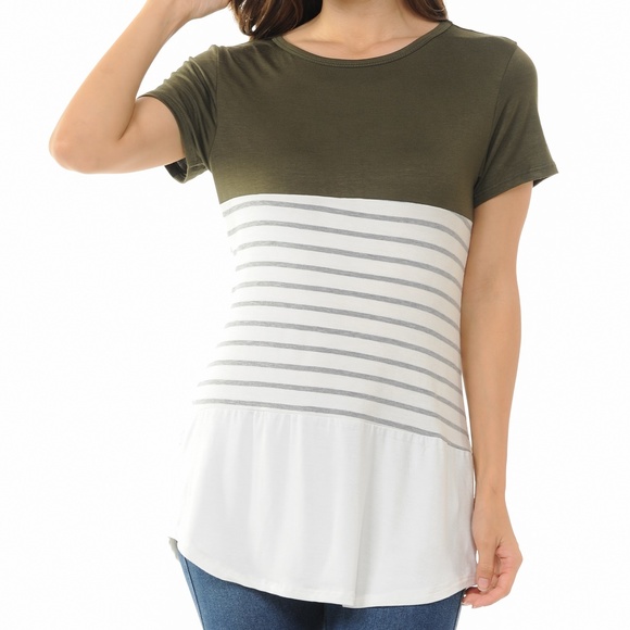 Magic Fit Tops - Olive Color Block Stripe Tunic Top